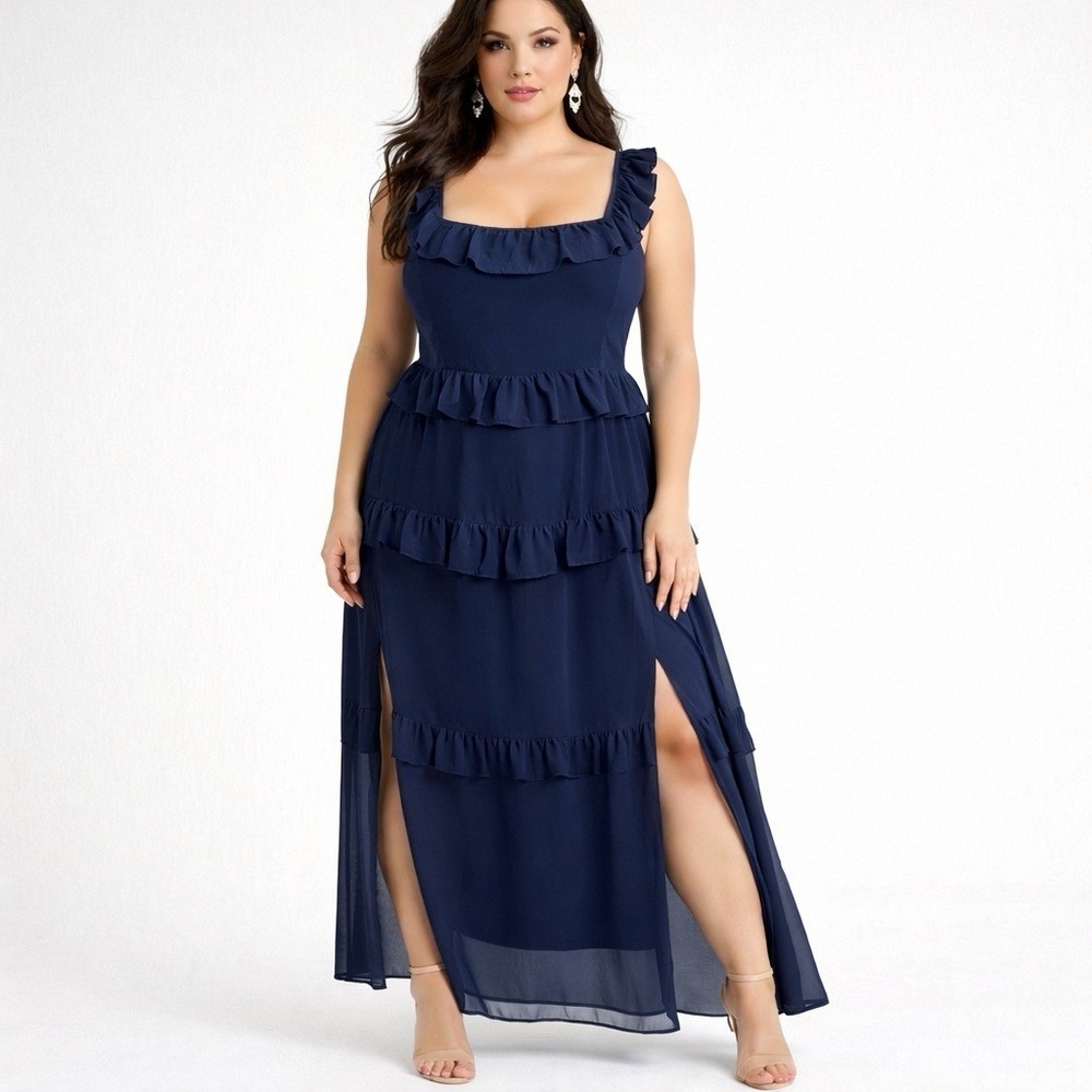 Lulus Romantic Ruffled Tiered Maxi Dress Navy NWT Sz 1X Chiffon Formal